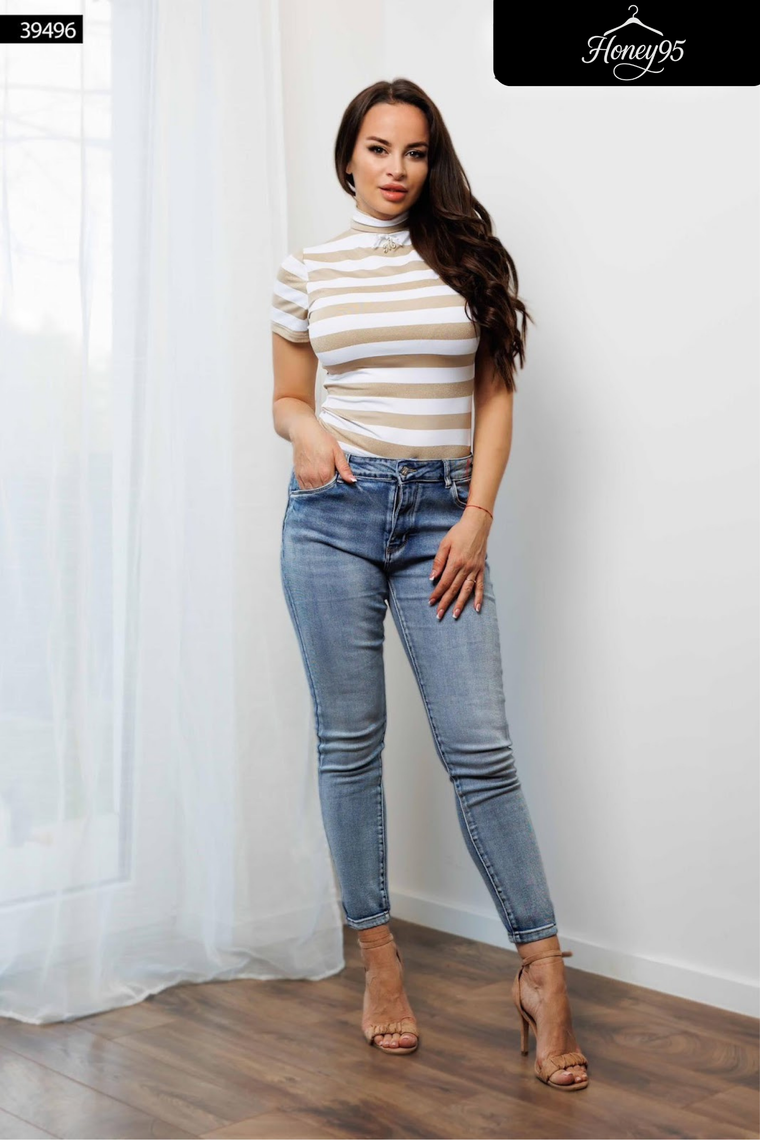 White & Beige Striped Mock-Neck Top